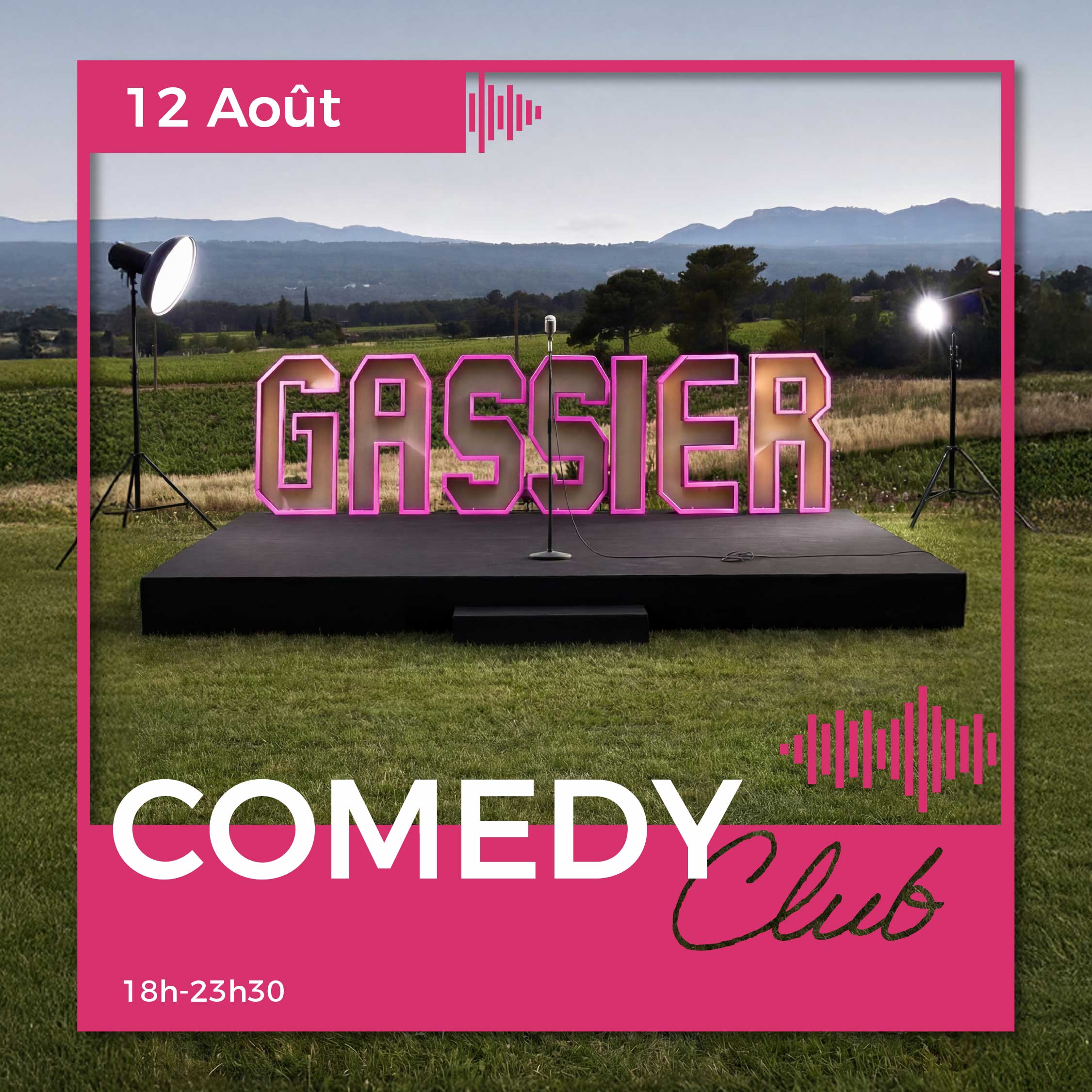 Comedy Club au Château Gassier : événements uniques près d’Aix-en-Provence : activités en famille ou entre amis, soirées en plein air, spectacles, concerts et expériences œnotouristiques au cœur des vignes.