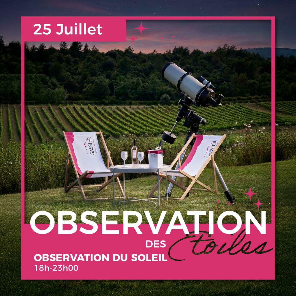 Observation des étoiles au Château Gassier : événements uniques près d’Aix-en-Provence : activités en famille ou entre amis, soirées en plein air, spectacles, concerts et expériences œnotouristiques au cœur des vignes.