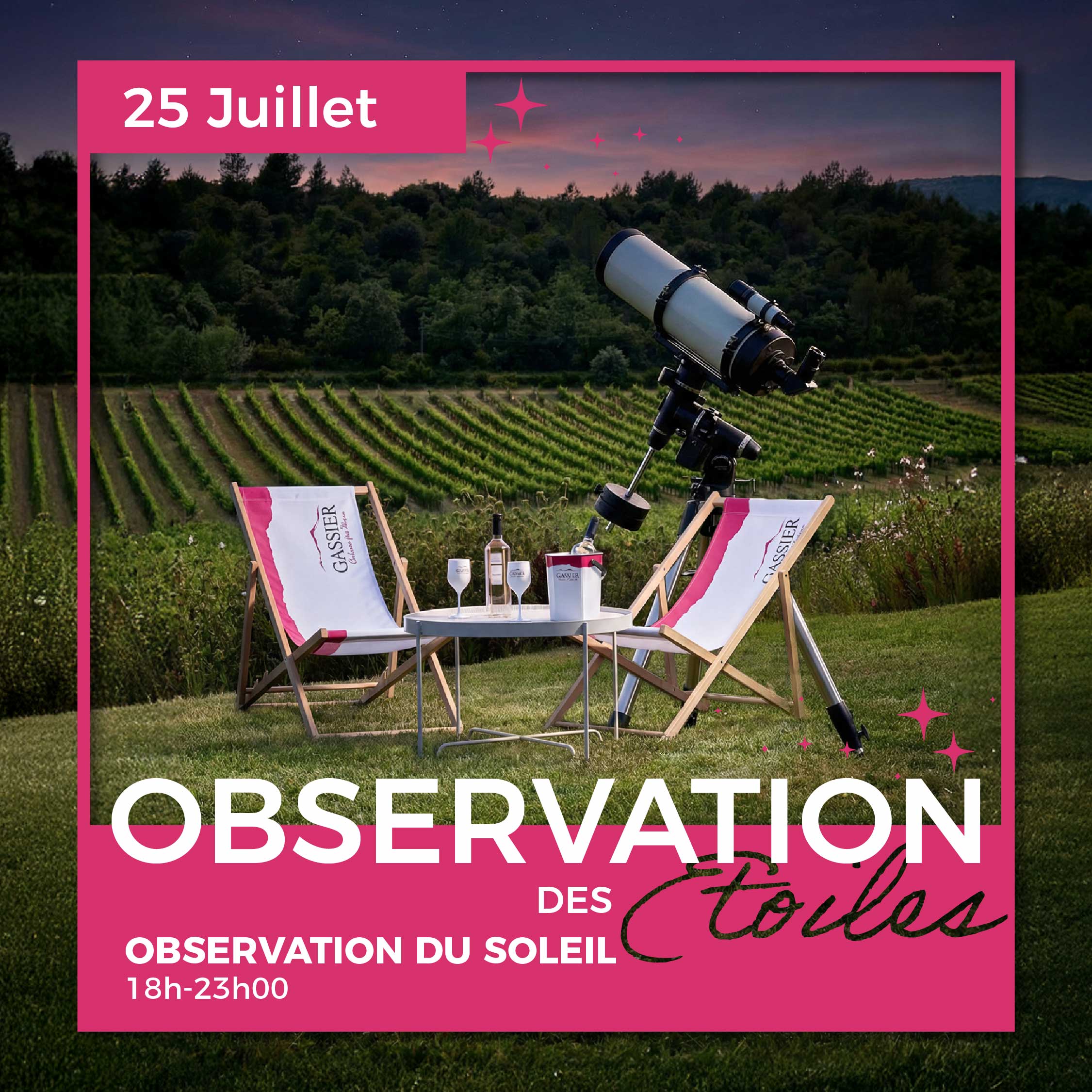 Observation des étoiles au Château Gassier : événements uniques près d’Aix-en-Provence : activités en famille ou entre amis, soirées en plein air, spectacles, concerts et expériences œnotouristiques au cœur des vignes.