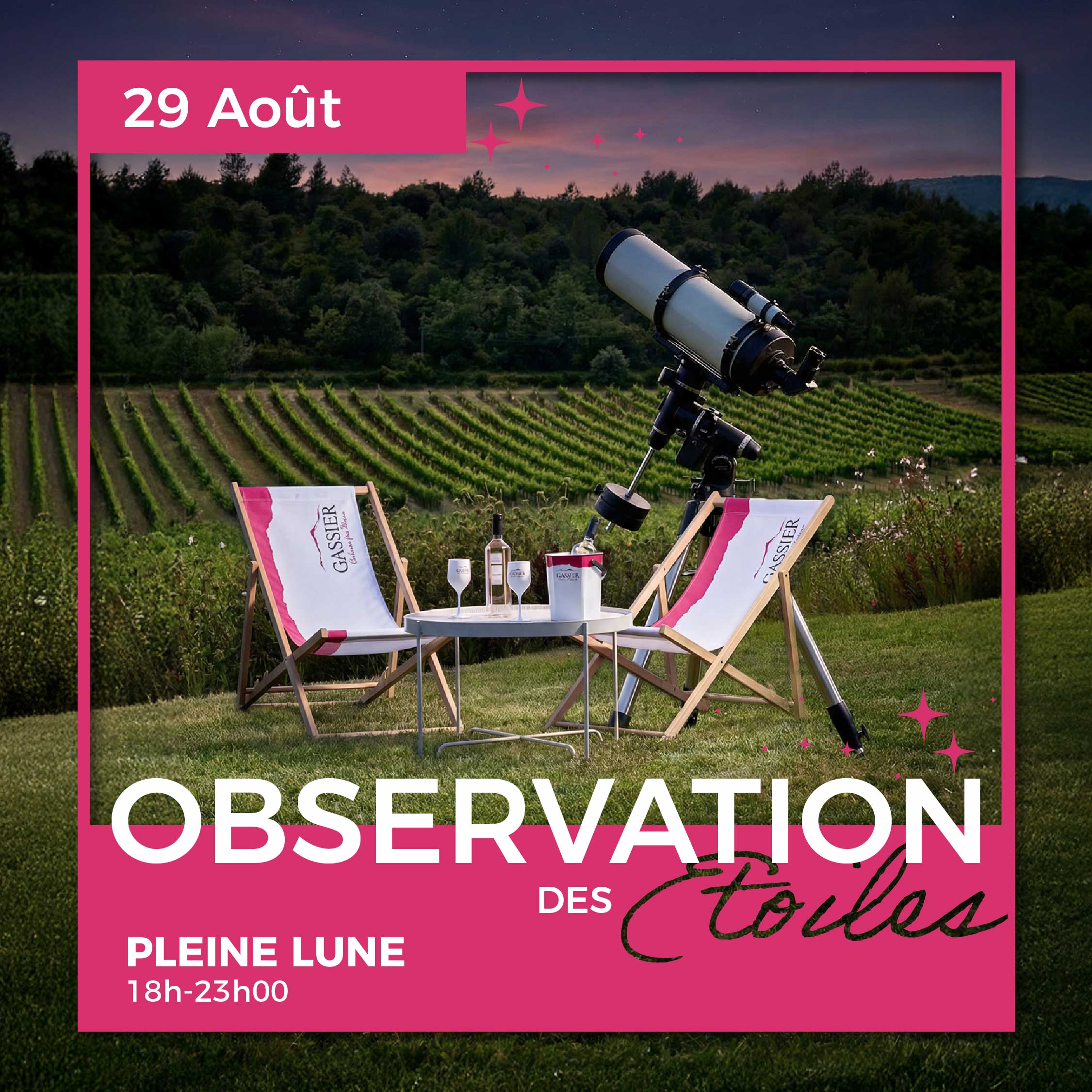 Observation des étoiles au Château Gassier : événements uniques près d’Aix-en-Provence : activités en famille ou entre amis, soirées en plein air, spectacles, concerts et expériences œnotouristiques au cœur des vignes.