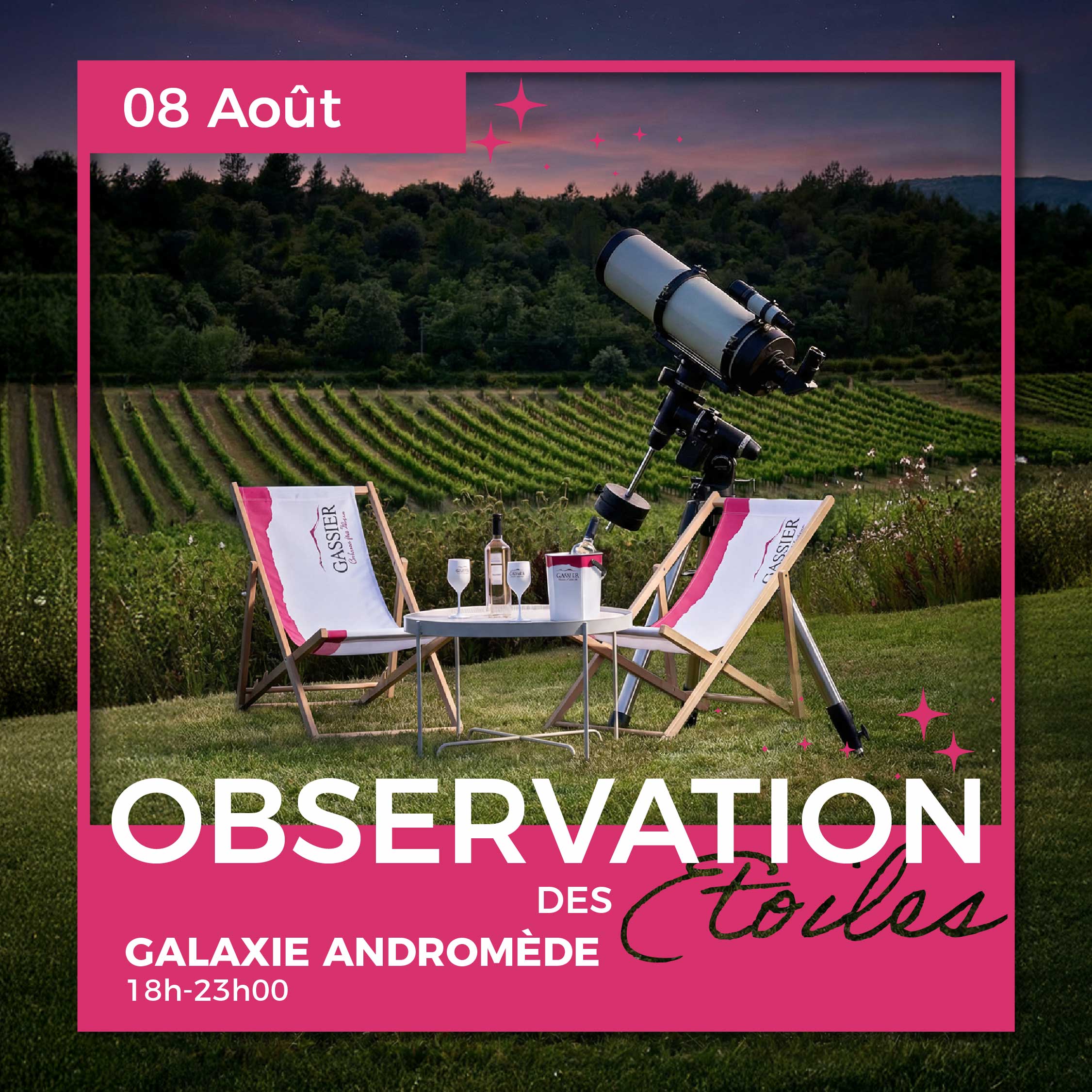 Observation des étoiles au Château Gassier : événements uniques près d’Aix-en-Provence : activités en famille ou entre amis, soirées en plein air, spectacles, concerts et expériences œnotouristiques au cœur des vignes.