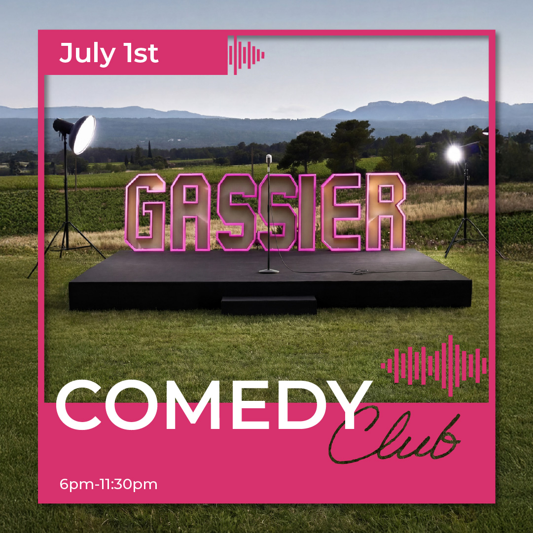 Comedy Club at Château Gassier: unique events near Aix-en-Provence — activities with family or friends, open-air evenings, shows, concerts, and wine tourism experiences in the heart of the vineyards.