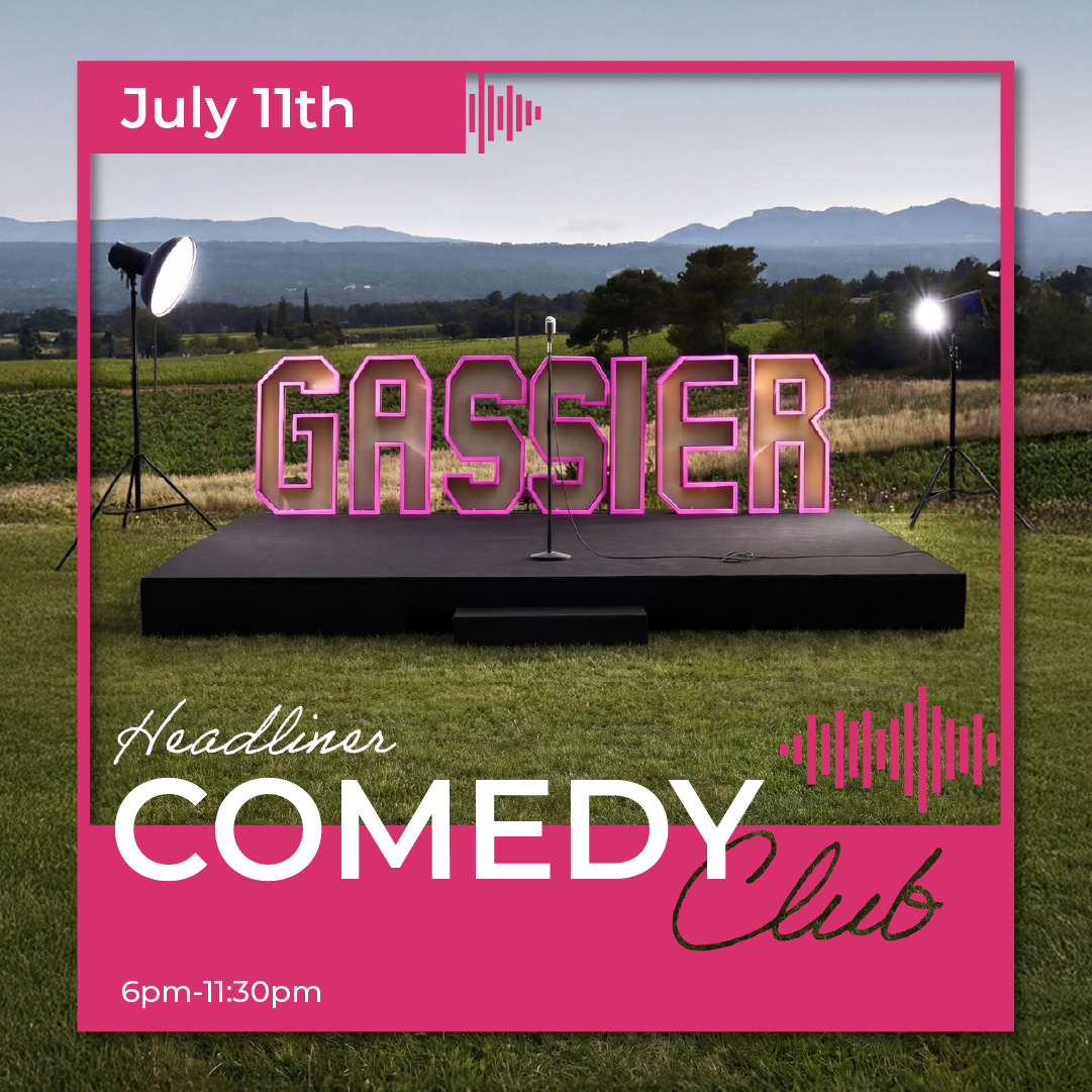 Comedy Club at Château Gassier: unique events near Aix-en-Provence — activities with family or friends, open-air evenings, shows, concerts, and wine tourism experiences in the heart of the vineyards.