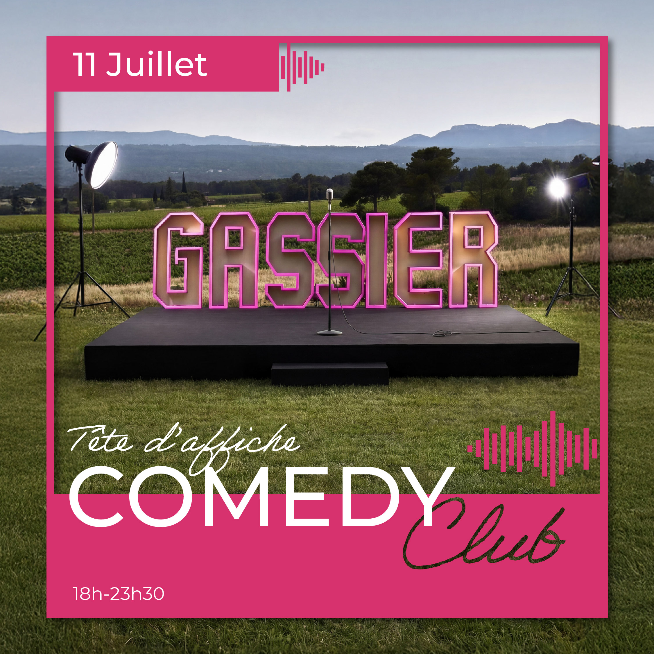 Comedy Club au Château Gassier : événements uniques près d’Aix-en-Provence : activités en famille ou entre amis, soirées en plein air, spectacles, concerts et expériences œnotouristiques au cœur des vignes.