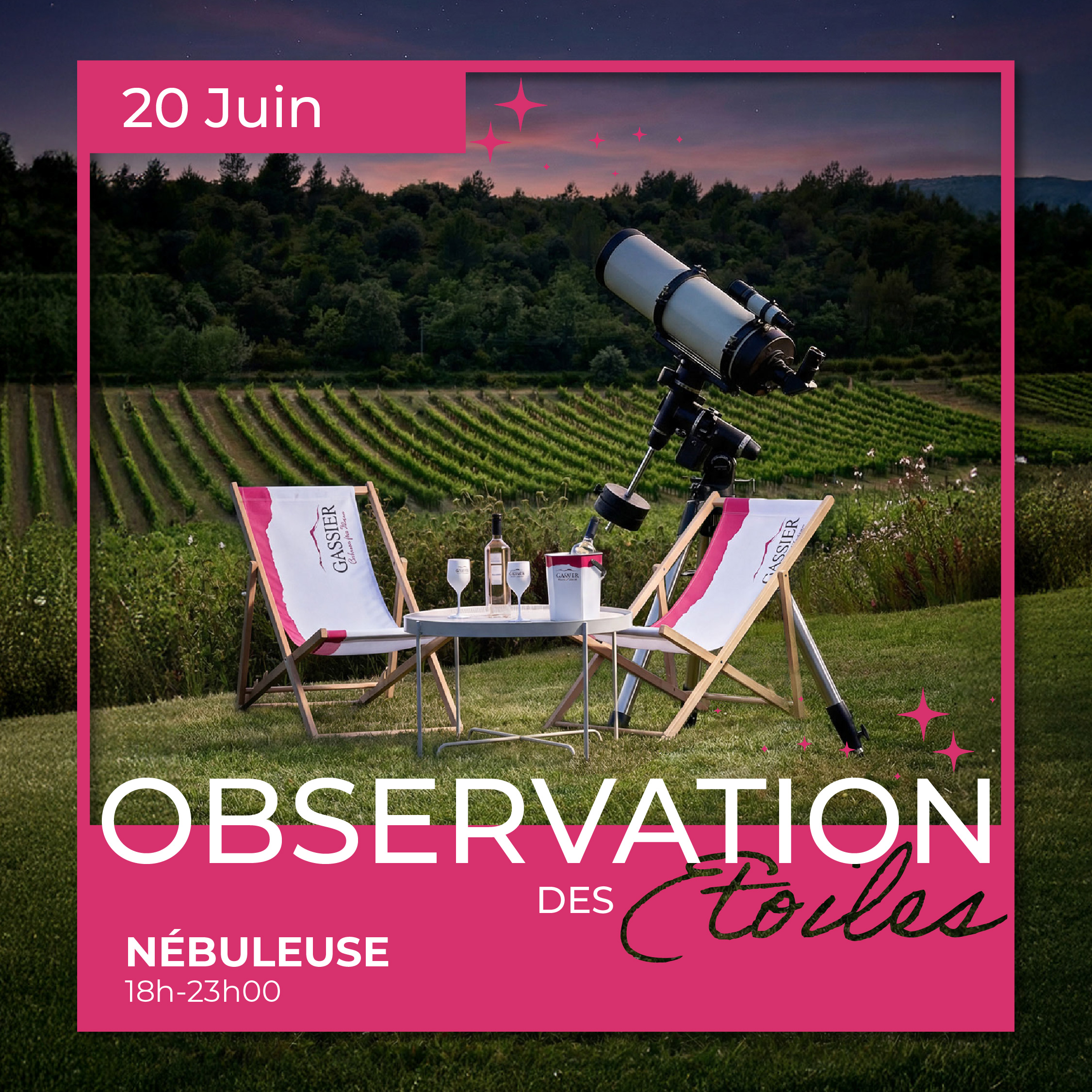 Observation des étoiles au Château Gassier : événements uniques près d’Aix-en-Provence : activités en famille ou entre amis, soirées en plein air, spectacles, concerts et expériences œnotouristiques au cœur des vignes.